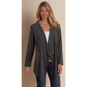 Soft Surroundings Size L Faux Suede Waterfall Flyaway Open Cardigan Jacket Gray